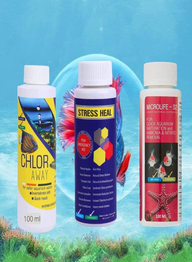 VAYINATO Aquatic Remedies Aquarium Fish Tank Beginner Water Conditioner Combo 100 ML (Pack of 3-300ML) | Chlor Away 100ML | Stress Heal 100ML | Microlife S2 100ML - Image 1
